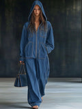 Style Zip-up Hooded Denim Jumpsuit With Large Pockets