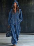 Style Zip-up Hooded Denim Jumpsuit With Large Pockets