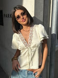 Lace Trim Straps V-neck Short-sleeved T-shirt