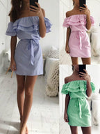 Stripes Ruffle Off-shoulder Mini&Short Dresses