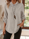 Three-quarter Sleeve Cotton Linen V-neck Loose Button T-shirt