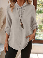 Three-quarter Sleeve Cotton Linen V-neck Loose Button T-shirt