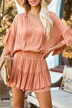 V-Neck Ruffle Collar Tiered Sleeve Blouse and Smocked Tiered Mini Skirt Set