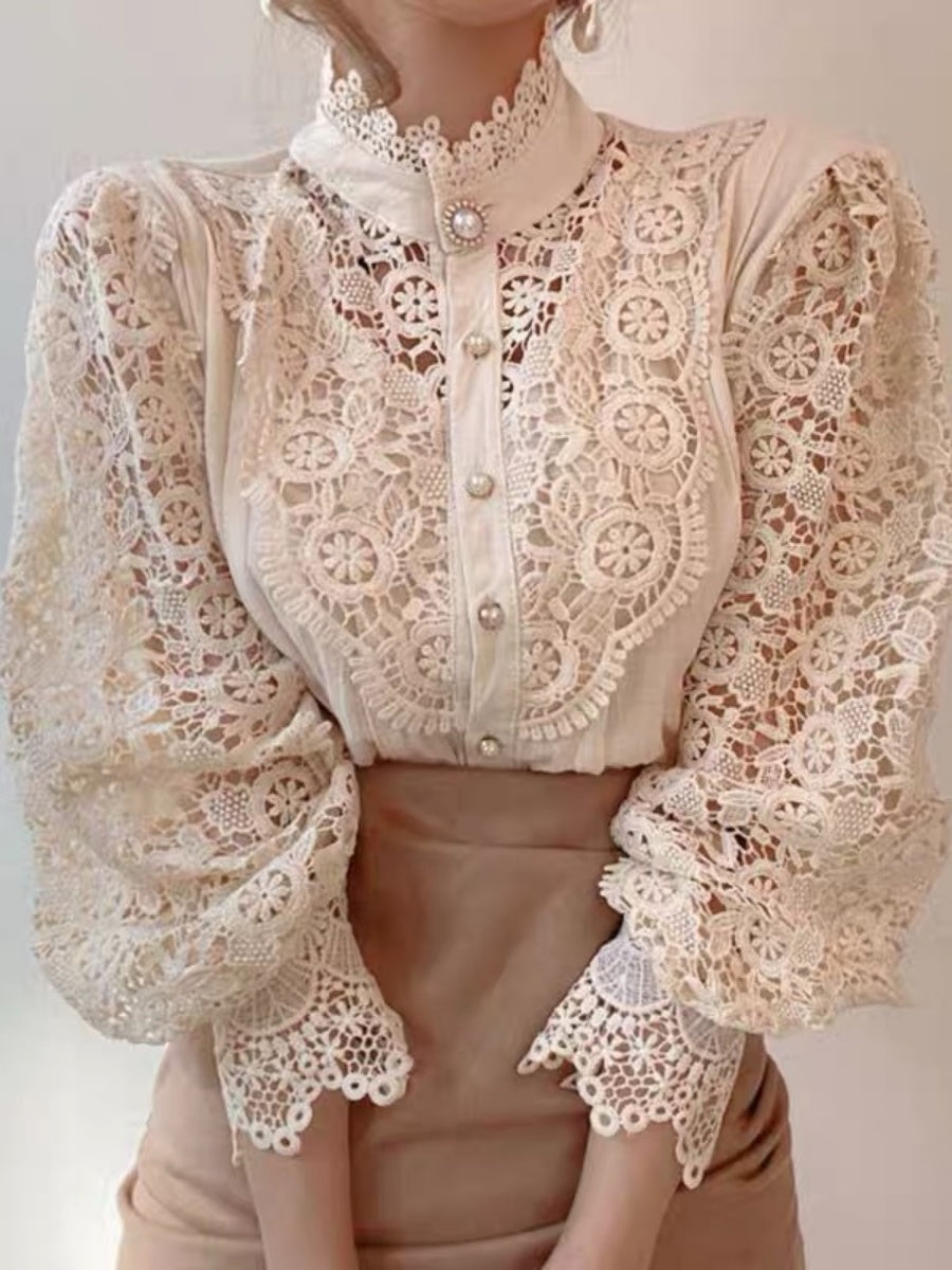 Button-up Lace Openwork Floral Patchwork Shirt