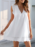 Lace Jacquard Openwork V-neck With Ruffles Solid Color Mini&Short Dresses