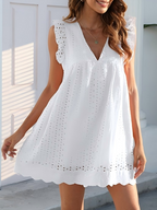 Lace Jacquard Openwork V-neck With Ruffles Solid Color Mini&Short Dresses