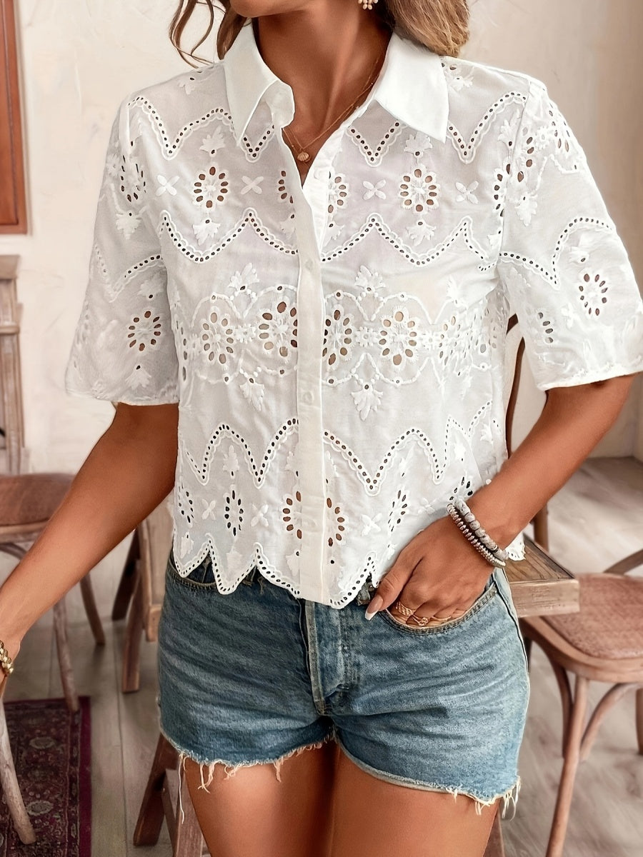 Solid Color Lace Shirt, Openwork Shirt