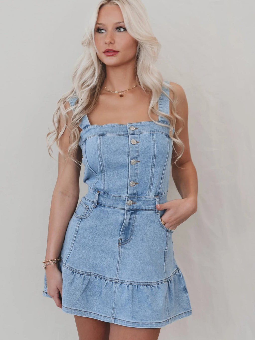 Denim Ruffle Buttons Spaghetti Strap Waist Mini&Short Dresses