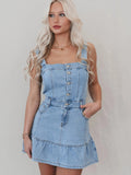 Denim Ruffle Buttons Spaghetti Strap Waist Mini&Short Dresses