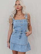 Denim Ruffle Buttons Spaghetti Strap Waist Mini&Short Dresses