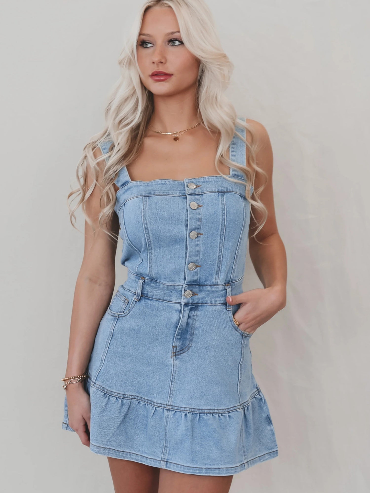 Denim Ruffle Buttons Spaghetti Strap Waist Mini&Short Dresses