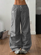 Striped Color Blocking Embroidery Elastic Waistband Drawstring Pocket Pants