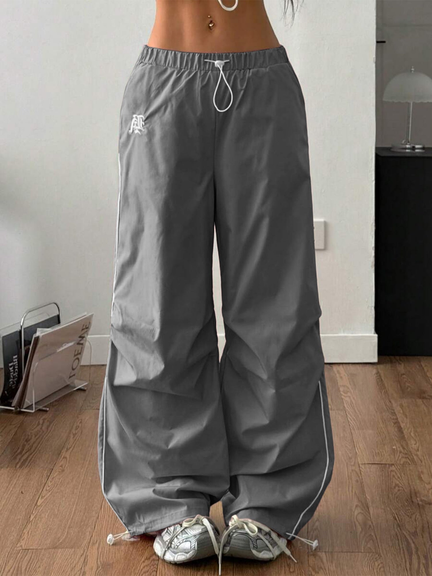 Striped Color Blocking Embroidery Elastic Waistband Drawstring Pocket Pants