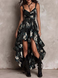 V-neck, Fitted Waist, High Slit, Spaghetti Strap Long Dress