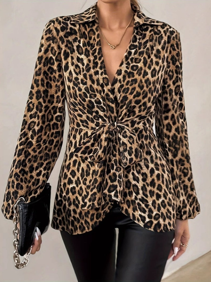 Leopard Print Tie-neck Long-sleeved T-shirt