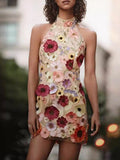 Embroidered 3D Floral Halter Neck Slimming Mini&Short Dresses