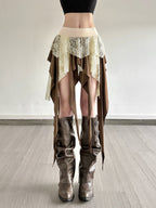 Lace Patchwork Irregular Tassels Color-blocked Short Skirt