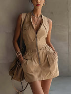 Work Clothes Sleeveless Zipper Pocket Waist Temperament Commuting Mini&Short Dresses