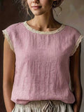 Lace Trim Color-blocked Crew Neck T-shirts
