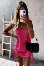 Metallic Knit Spaghetti Strap Side Drawstring Ruched Mini Dress