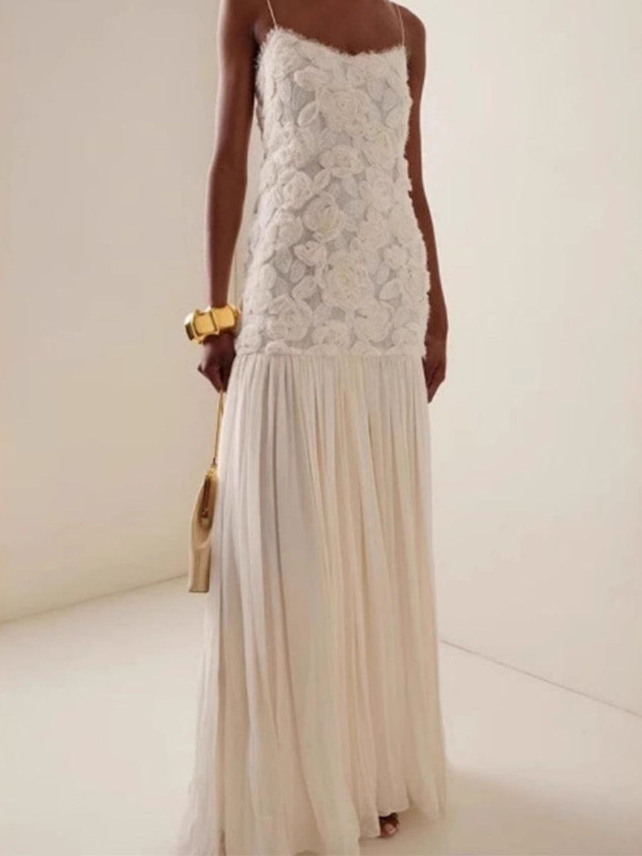 Sleeveless Floral Embellished Spaghetti Strap Maxi Dress
