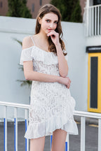 Cold Shoulder Floral Lace Spaghetti Strap Chiffon Ruffle Tiered Hem Wrap Mini Dress