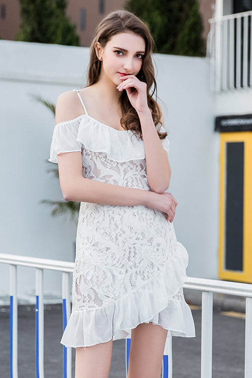 Cold Shoulder Floral Lace Spaghetti Strap Chiffon Ruffle Tiered Hem Wrap Mini Dress