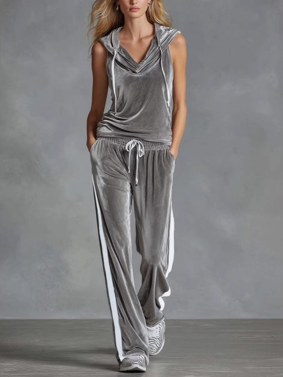 Sleeveless Sporty Casual Comfortable Hooded Velvet Two-Piece Set