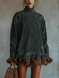 High-neck Long-sleeved Leopard Print Patchwork Short Dress