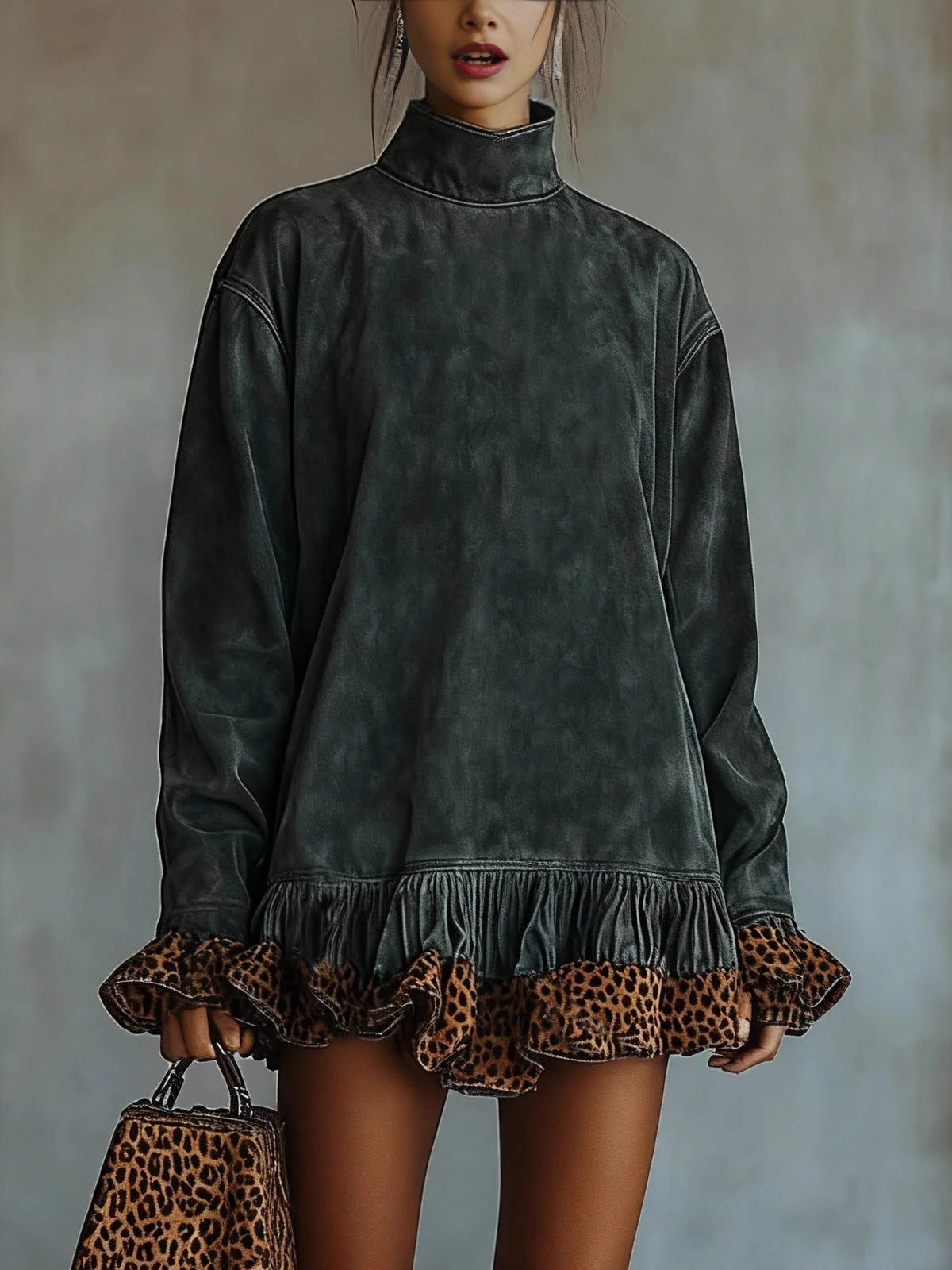 High-neck Long-sleeved Leopard Print Patchwork Short Dress
