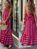 Stripes Halter Neck And Backless Maxi Dresses