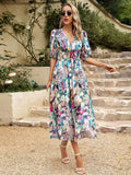 Waist-cinching Deep V-neck Floral Print Maxi Dresses