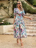 Waist-cinching Deep V-neck Floral Print Maxi Dresses