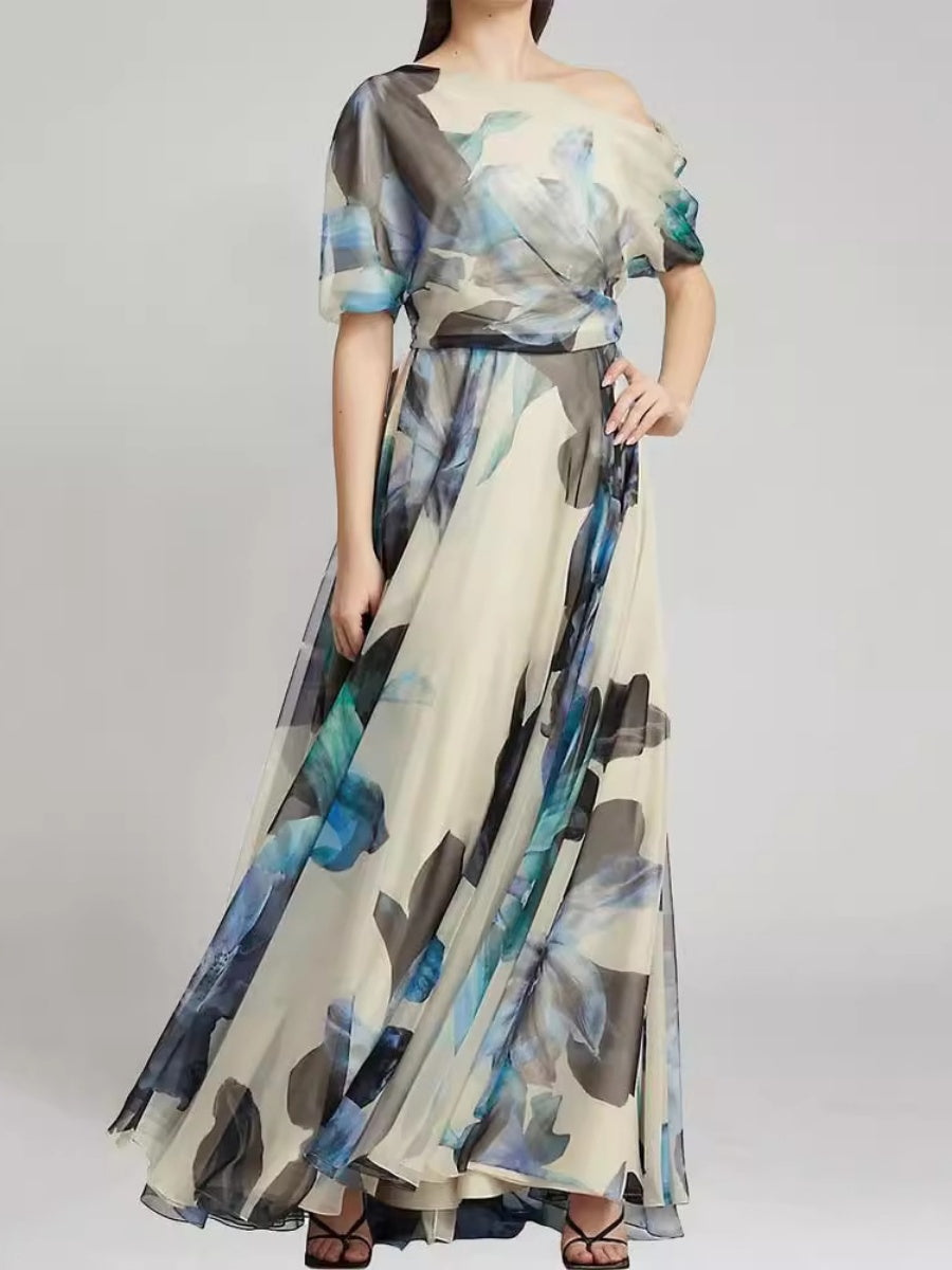 Pleated Printed Off Shoulder Vacation Maxi Dresses