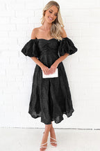 Off Shoulder Ruched Bust Puff Sleeve Floral Jacquard Midi Dress