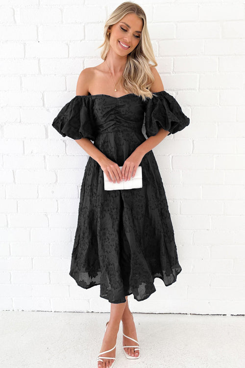 Off Shoulder Ruched Bust Puff Sleeve Floral Jacquard Midi Dress