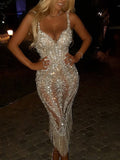 Deep V-neck Sleeveless Sequined Maxi Dress