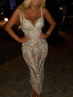 Deep V-neck Sleeveless Sequined Maxi Dress