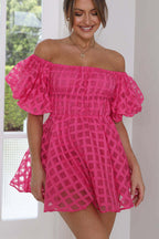 Off-the-Shoulder Puff Sleeve Windowpane Check Smocked Waist Mini Dress