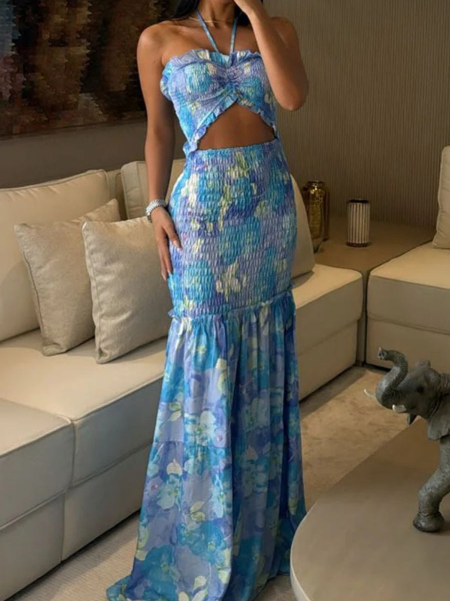 Lace Up Printed Hollow Bare Waist Exclusive Maxi Dresses