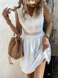 Lace Trim Hollow Out V-neck, Fitted Waist Mini&Short Dresses