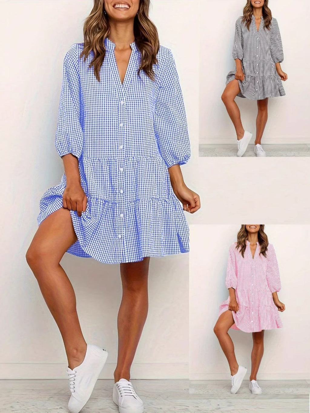 Plaid Buttons Stand Collar And Three-quarter Sleeves Mini&Short Dresses