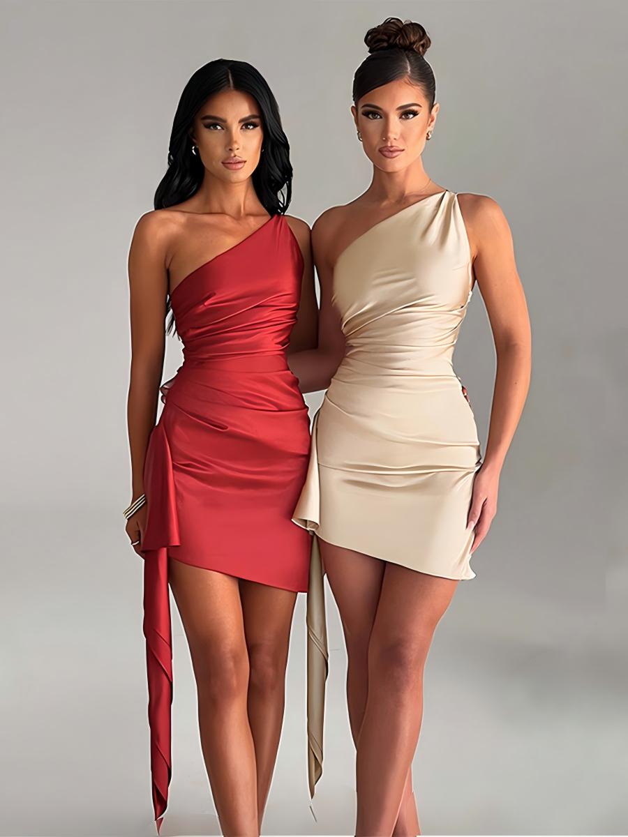 Satin Sloping Shoulders Sleeveless Slim Fit Backless Mini&Short Dresses