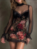 Lace Trim Floral Mesh Splicing Hip-hugging Mini&Short Dresses
