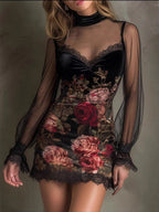 Lace Trim Floral Mesh Splicing Hip-hugging Mini&Short Dresses