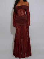 Lace Pleated Backless Maxi Dresses