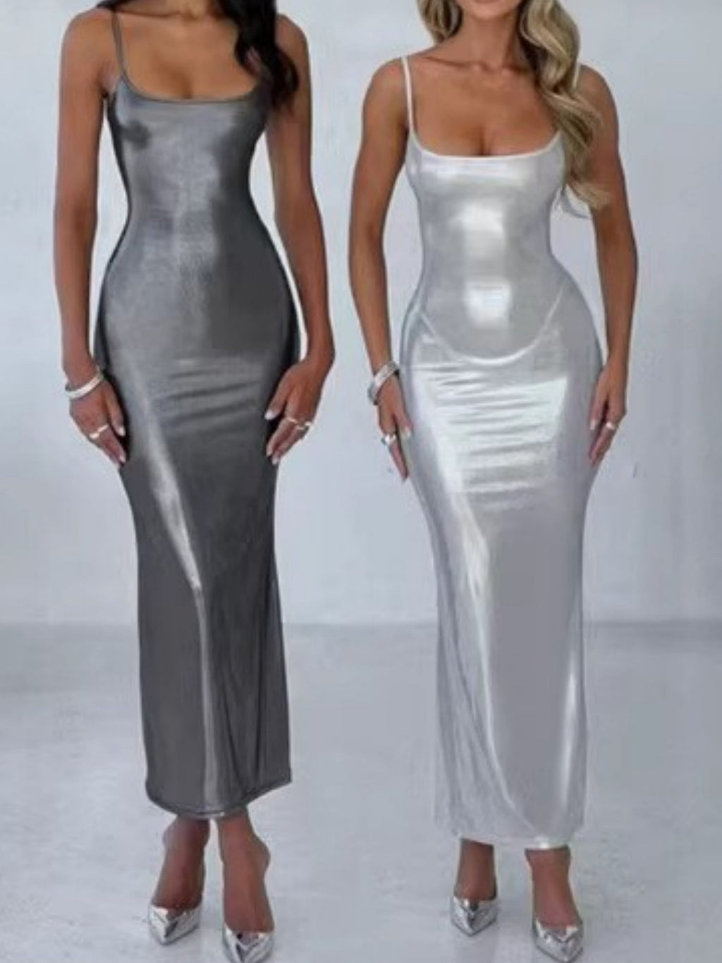 Metallic Gloss Spaghetti Strap Bodycon Maxi Dresses