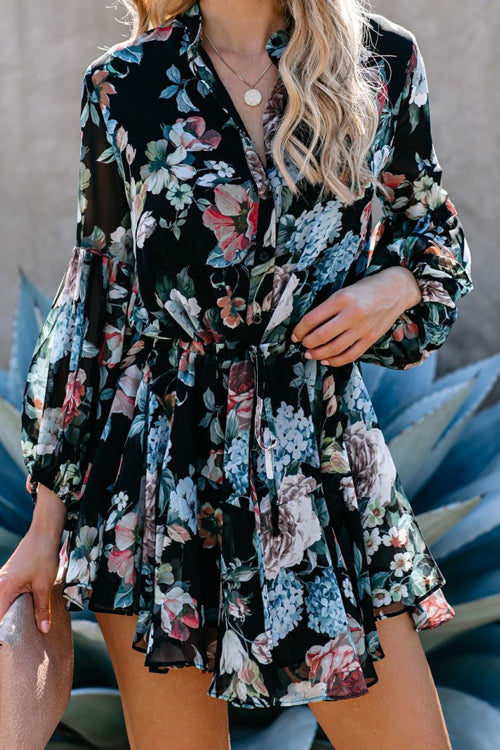 Floral Print V-Neck Button-Front Drawstring Waist Ruffle Hem Mini Dress