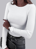 Pit Strip Long Sleeve Elastic Crew Neck Ribbed Slim Fit Basic T-shirts