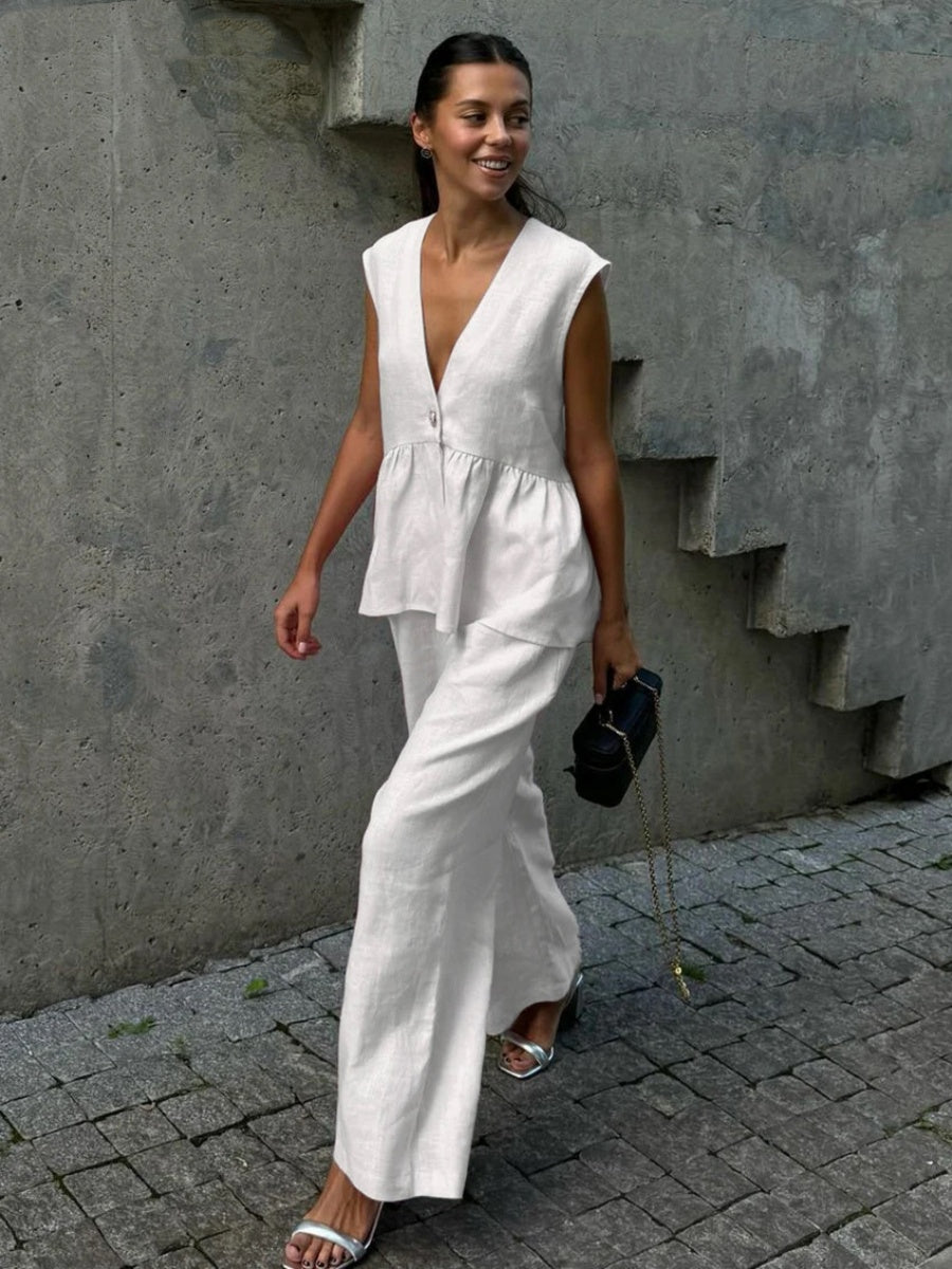 Cotton V-neck Sleeveless Top, Vest, And Trousers Buttons Solid Color 2-piece Sets